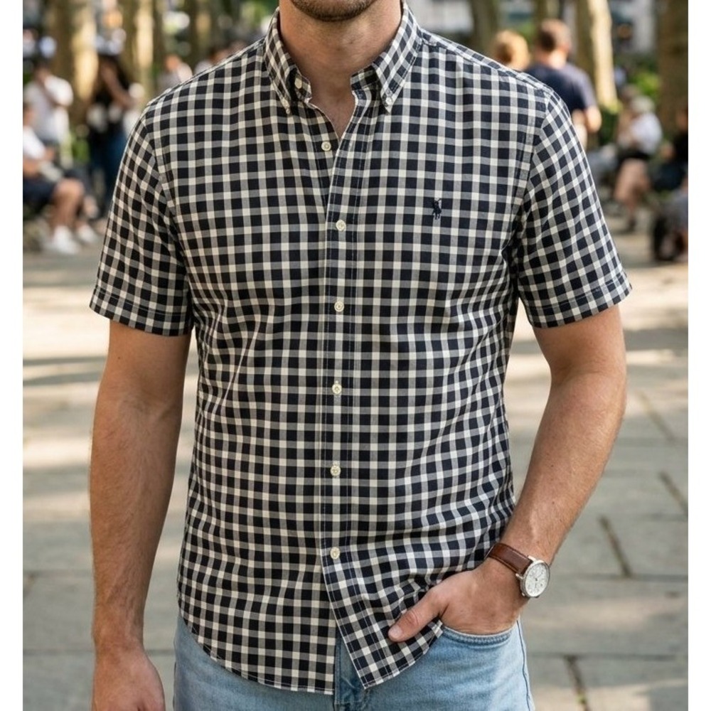 Ralph Lauren Gingham Plaid Short Sleeve Shirt Black/White Men's Large Preppy